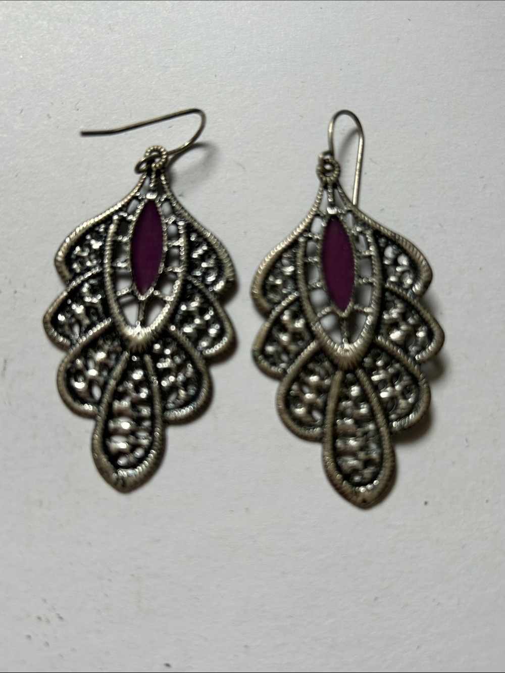 Silver Filigree Drop Earrings with Purple Marquise Accent j47